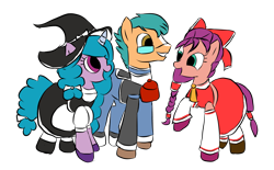 Size: 1328x823 | Tagged: safe, anonymous artist, derpibooru exclusive, hitch trailblazer, izzy moonbow, sunny starscout, earth pony, pony, unicorn, g4, g5, bag, base used, bow, clothes, cosplay, costume, crossover, dress, female, g5 to g4, generation leap, glasses, hakurei reimu, hat, kirisame marisa, male, mare, morichika rinnosuke, simple background, skirt, stallion, touhou, transparent background, trio, witch hat