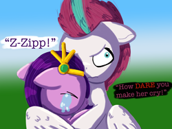 Size: 2048x1536 | Tagged: safe, artist:php176, derpibooru exclusive, pipp petals, zipp storm, pegasus, pony, g5, angry, annoyed, big sister instinct, crying, dialogue, duo, duo female, eyes closed, female, floppy ears, folded wings, frown, gradient background, hug, jewelry, lineless, mare, name, pinpoint eyes, protecting, royal sisters (g5), sad, shading, sibling love, siblings, sisterly love, sisters, text, tiara, unamused, winghug, wings, zipp storm is not amused