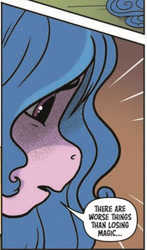 Size: 324x551 | Tagged: safe, idw, official comic, izzy moonbow, pony, unicorn, g5, spoiler:comic, spoiler:g5, spoiler:g5comic, spoiler:g5comic09, bust, cropped, cute, dialogue, emanata, female, izzy moodbow, mare, open mouth, profile, sad, sadorable, solo, speech bubble