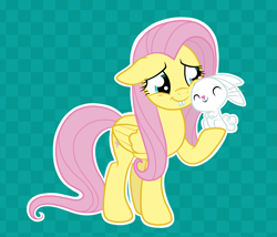 Size: 1983x1700 | Tagged: safe, artist:squipycheetah, angel bunny, fluttershy, pegasus, pony, rabbit, g4, animal, checkered background, cute, duo, eyes closed, fangs, female, folded wings, happy, nuzzling, raised hoof, smiling, wings