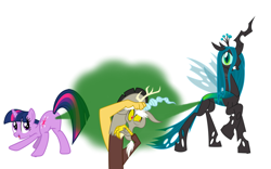 Size: 800x500 | Tagged: safe, discord, queen chrysalis, twilight sparkle, pony, unicorn, g4, abuse, brap, butt, discordabuse, fart, fart fetish, fetish, op is a duck, plot, simple background, unicorn twilight, wat, white background