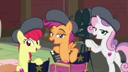 Size: 1280x720 | Tagged: safe, screencap, apple bloom, scootaloo, sweetie belle, earth pony, pegasus, pony, unicorn, growing up is hard to do, season 9, spoiler:s09, bedroom eyes, bipedal, cutie mark crusaders, female, film projector, hat, looking at you, looking back, looking back at you, older, older apple bloom, older scootaloo, older sweetie belle, the cmc's cutie marks, trio, trio female