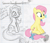 Size: 3956x3383 | Tagged: safe, artist:gypsykumquat, artist:lauren faust, fluttershy, butterfly, earth pony, pony, .svg available, butterfly on nose, comparison, concept art, female, inkscape, insect on nose, mare, origins, show accurate, sketch, smiling, solo, vector, what could have been