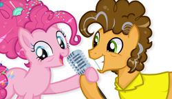 Size: 3548x2048 | Tagged: safe, artist:corpse, cheese sandwich, pinkie pie, g4, base used, couple, female, high res, male, microphone, older, older pinkie pie, ship:cheesepie, shipping, simple background, smiling, straight, white background