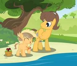 Size: 1280x1096 | Tagged: safe, artist:stack-of-cookies, caramel, oc, oc:appletart, earth pony, pony, g4, apple, beach, fishing, fishing rod, food, offspring, parent:applejack, parent:caramel, parents:carajack, tree