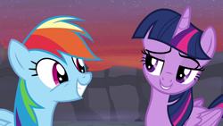 Size: 1280x720 | Tagged: safe, screencap, rainbow dash, twilight sparkle, alicorn, pony, g4, it ain't easy being breezies, season 4, cute, dashabetes, grin, lidded eyes, smiling, twilight sparkle (alicorn)