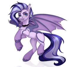 Size: 1826x1655 | Tagged: safe, artist:enderbee, oc, oc only, oc:gloom fang, bat pony, pony, bat pony oc, bat wings, chest fluff, ear fluff, eyes closed, fangs, full body, long tail, multicolored hair, multiple eyes, piercing, simple background, smiling, solo, spread wings, sternocleidomastoid, tail, white background, wings