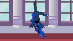 Size: 1920x1080 | Tagged: safe, artist:platinumdrop, princess luna, alicorn, pony, g4, annoyed, canterlot castle, female, hanging, hanging upside down, luna is not amused, mare, request, royalty, solo, unamused, upside down