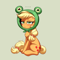 Size: 4000x4000 | Tagged: safe, artist:confetticakez, applejack, earth pony, frog, pony, g4, applejack is not amused, blushing, chest fluff, cute, embarrassed, female, freckles, hat, jackabetes, mare, silly, silly pony, simple background, sitting, solo, unamused, who's a silly pony