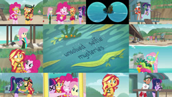 Size: 1280x721 | Tagged: safe, editor:quoterific, fluttershy, pinkie pie, sci-twi, sunset shimmer, timber spruce, twilight sparkle, human, equestria girls, g4, my little pony equestria girls: better together, unsolved selfie mysteries, beach, bikini, binoculars, clothes, fluttershy's wetsuit, jumping, one-piece swimsuit, selfie, shocked, snorkel, swimsuit, wetsuit