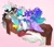 Size: 1382x1200 | Tagged: safe, artist:yellhound_art, discord, princess celestia, oc, oc:stell, alicorn, draconequus, pony, unicorn, g4, canon x oc, celestia gets all the stallions, cheek kiss, clothes, commission, commissioner:grandtheftchocobo, female, glasses, gradient background, horn, kiss sandwich, kissing, male, one eye closed, one eye open, polyamory, scarf, ship:dislestia, shipping, sideburns, straight, trio