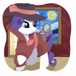 Size: 2048x2048 | Tagged: safe, artist:tabithaqu, rarity, pony, unicorn, g4, clothes, detective, detective rarity, hat, high res, jacket, magic, magnifying glass, solo, the starry night, vincent van gogh