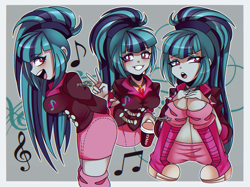 Size: 1175x880 | Tagged: safe, artist:granatty, sonata dusk, human, equestria girls, g4, boots, breasts, busty sonata dusk, clothes, coffee cup, cup, disguise, disguised siren, eyeshadow, gem, jacket, makeup, music notes, peace sign, ponytail, shoes, siren gem, sitting, skirt, solo