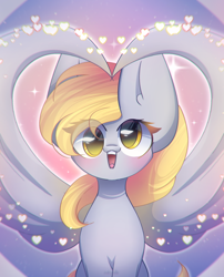 Size: 1700x2100 | Tagged: safe, artist:miryelis, derpy hooves, pegasus, pony, g4, blushing, cute, female, happy, heart, looking at you, mare, short hair, simple background, smiling, smiling at you, solo, spread wings, wings