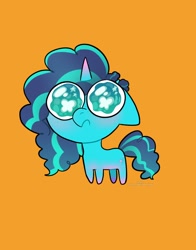 Size: 1074x1368 | Tagged: safe, artist:petaltwinkle, misty brightdawn, pony, unicorn, g5, chibi, cornrows, cute, female, floppy ears, mistybetes, orange background, simple background, solo, standing, wavy eyes, weapons-grade cute