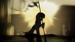 Size: 3840x2160 | Tagged: safe, artist:magentastranger, oc, oc:littlepip, pony, unicorn, fallout equestria, explosion, flag, high res, solo