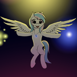 Size: 3747x3748 | Tagged: safe, artist:mia mesa, oc, oc only, oc:starburn, pegasus, pony, backlighting, belly, belly button, colored, female, fireworks, flying, high res, jewelry, lighting, looking at you, necklace, pegasus oc, solo, spread wings, wings