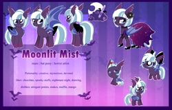 Size: 4397x2807 | Tagged: safe, artist:spookyle, oc, oc:moonlit mist, bat, bat pony, pony, baby, baby pony, bat pony oc, bat wings, bow, choker, clothes, colored wings, dress, ear tufts, female, filly, flower, flower in hair, foal, folded wings, freckles, grand galloping gala, hair bow, mare, reference sheet, shoes, solo, spread wings, striped background, tail, tail bow, wings