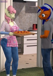 Size: 2160x3088 | Tagged: safe, artist:antonsfms, oc, oc only, oc:sous zanna, oc:tabletop, earth pony, unicorn, anthro, 3d, anthro oc, apron, clothes, commission, commissioner:nerothewizard, cooking, denim, door, earth pony oc, eyes closed, food, happy, high res, horn, jeans, kitchen, pants, pizza, smiling, source filmmaker, toaster, unicorn oc
