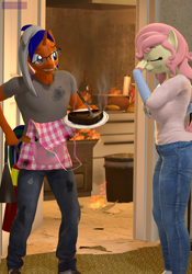 Size: 2160x3088 | Tagged: safe, artist:antonsfms, oc, oc only, oc:sous zanna, oc:tabletop, earth pony, unicorn, anthro, 3d, anthro oc, apron, burn, burning, clothes, commission, commissioner:nerothewizard, cooking, denim, door, earth pony oc, embarrassed, eyes closed, fire, fire extinguisher, food, high res, horn, jeans, kitchen, meat, pants, source filmmaker, steak, toaster, unicorn oc