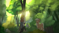 Size: 1920x1080 | Tagged: safe, artist:haku nichiya, applejack, human, pony, g4, crepuscular rays, forest