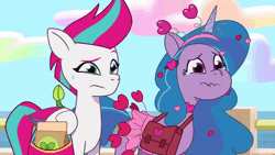 Size: 1280x720 | Tagged: safe, screencap, izzy moonbow, zipp storm, pegasus, pony, unicorn, g5, my little pony: tell your tale, secret ad-mare-er, spoiler:g5, spoiler:my little pony: tell your tale, spoiler:tyts01e44, adorazipp, animated, bag, crying, cute, daaaaaaaaaaaw, duo, duo female, female, gif, izzybetes, mare, sad, saddle bag, sadorable, scrunchy face, sweat, sweatdrop, wavy mouth