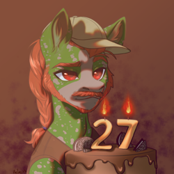 Size: 594x594 | Tagged: safe, artist:helemaranth, oc, oc:well geboren, dog, dog pony, earth pony, original species, pony, bewildered, birthday, brow raised, cake, clothes, cookie, facial hair, food, hair tie, hat, oreo, solo, vest
