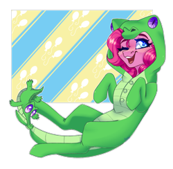 Size: 2592x2526 | Tagged: safe, artist:honeybbear, gummy, pinkie pie, alligator, earth pony, pony, g4, clothes, costume, duo, high res, kigurumi, looking at you, one eye closed, onesie, open mouth, open smile, simple background, smiling, transparent background, wink