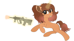 Size: 3840x2160 | Tagged: safe, artist:straighttothepointstudio, oc, oc only, pony, unicorn, g5, 4k, angry, assault rifle, brown mane, chest fluff, digital art, ear fluff, eyebrows, female, glowing, glowing horn, gritted teeth, gun, high res, horn, jumping, levitation, looking back, magic, magic aura, orange eyes, rifle, shooting, simple background, solo, steyr aug, teeth, telekinesis, transparent background, unicorn oc, weapon