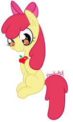 Size: 411x680 | Tagged: safe, artist:annakat101, apple bloom, earth pony, pony, g4, apple, apple bloom's bow, bow, female, filly, foal, food, hair bow, simple background, smiling, solo, white background