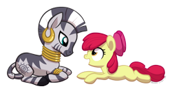 Size: 800x436 | Tagged: safe, artist:deerspit, apple bloom, zecora, earth pony, pony, zebra, g4, apple bloom's bow, bow, duo, female, filly, foal, hair bow, looking at each other, looking at someone, lying down, mare, prone, simple background, sploot, transparent background
