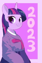Size: 1376x2048 | Tagged: safe, artist:cheesesauce_45, twilight sparkle, unicorn, semi-anthro, g4, 2023, clothes, cute, female, school uniform, simple background, skirt, smiling, solo, twiabetes