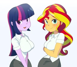 Size: 2253x1945 | Tagged: safe, artist:cheesesauce_45, sunset shimmer, twilight sparkle, human, equestria girls, g4, arm under breasts, blushing, breasts, busty sunset shimmer, busty twilight sparkle, clothes, duo, duo female, female, school uniform, simple background, smiling, white background