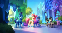 Size: 2000x1070 | Tagged: safe, artist:asimos, king sombra, princess amore, crystal pony, pony, unicorn, g4, the crystal empire, armor, blue eyes, crown, crystal guard, crystal guard armor, digital art, female, green eyes, helmet, horn, jewelry, looking at each other, looking at someone, mare, open mouth, orange eyes, peytral, raised hoof, regalia, smiling, spear, tree, weapon, window