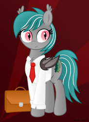 Size: 2830x3858 | Tagged: safe, artist:rainbowšpekgs, oc, oc only, oc:malachite cluster, bat pony, pony, bat pony oc, bat wings, briefcase, chest fluff, clothes, high res, male, necktie, shirt, solo, stallion, standing, wings