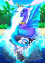 Size: 1913x2664 | Tagged: safe, artist:blueblizzzard, oc, oc only, alicorn, hybrid, merpony, seapony (g4), starfish, beach, cloud, crown, digital art, eyelashes, female, fin wings, fins, fish tail, flowing mane, horn, jewelry, mare, mermaid tail, necklace, ocean, palm tree, purple eyes, regalia, rock, scales, seaponified, sitting, sky, smiling, solo, species swap, tail, tree, water, white mane, wings