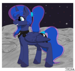 Size: 1800x1700 | Tagged: safe, artist:terminalhash, princess luna, alicorn, pony, g4, border, digital art, female, hairband, mare, moon, passepartout, smiling, solo, space, tail, tail band, tail wrap