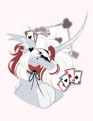 Size: 1000x1300 | Tagged: safe, artist:inspiredpixels, oc, oc:poker heart, pony, unicorn, bust, card, curved horn, female, horn, mare, portrait, solo