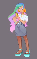 Size: 1147x1800 | Tagged: safe, artist:stevetwisp, princess celestia, human, bracelet, cellphone, choker, clothes, ear piercing, earring, ethereal mane, hairpin, hand on hip, high heels, human coloration, humanized, jewelry, midriff, necklace, open-toed shoes, phone, piercing, platform heels, sandals, shirt, shoes, skirt, smartphone, t-shirt, texting, toes