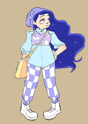 Size: 1279x1800 | Tagged: safe, artist:stevetwisp, princess luna, human, gamer luna, g4, :3, bag, beanie, boots, clothes, ethereal mane, hand on hip, hat, human coloration, humanized, nose piercing, nose ring, pants, piercing, pigeon toed, plaid, purse, shirt, shoes, solo