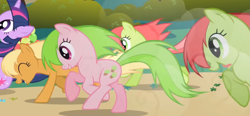Size: 1275x593 | Tagged: safe, screencap, apple cobbler, peachy sweet, red gala, twilight sparkle, earth pony, pony, unicorn, friendship is magic, g4, season 1, alternate hairstyle, animation error, apple, apple family member, bush, cropped, dirt road, dust cloud, excited, eyes closed, female, food, galloping, mare, moon, multeity, path, running, shocked, tongue out, unicorn twilight, wrong eye color
