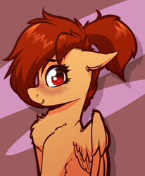 Size: 1960x2384 | Tagged: safe, artist:witchtaunter, oc, oc only, oc:machaera, pegasus, pony, blushing, bust, chest fluff, cute, cute little fangs, ear fluff, fangs, female, floppy ears, gift art, looking at you, ponytail, portrait, scrunchy face, shoulder fluff, shy, simple background, solo, spread wings, wings