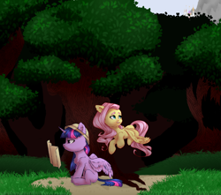 Size: 3000x2648 | Tagged: safe, artist:strmelon, fluttershy, twilight sparkle, alicorn, pegasus, pony, g4, duo, female, forest, hat, high res, map, mare, pith helmet, twilight sparkle (alicorn)