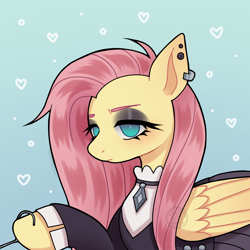 Size: 1800x1800 | Tagged: safe, artist:yippypaws, fluttershy, pegasus, pony, g4, clothes, dress, ear piercing, earring, eyeshadow, female, fluttergoth, gradient background, heart, jewelry, makeup, mare, piercing, solo