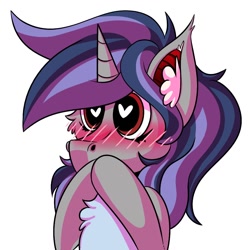 Size: 1024x1024 | Tagged: safe, artist:draconightmarenight, oc, oc only, oc:dreaming star, bat pony, bat pony unicorn, hybrid, pony, unicorn, bat pony oc, blushing, cel shading, cute, ear fluff, femboy, flushed face, gasping, heart, heart eyes, horn, male, monthly reward, ocbetes, pale belly, red eyes, shading, simple background, solo, stallion, sticker, unicorn oc, white background, wingding eyes