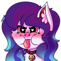 Size: 1024x1024 | Tagged: safe, artist:draconightmarenight, oc, oc only, oc:anykoe, earth pony, pony, :p, bell, bell collar, blushing, cel shading, collar, ear fluff, earth pony oc, flushed face, heart, heart eyes, monthly reward, shading, simple background, solo, sticker, tongue out, white background, wingding eyes