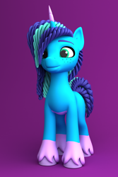 Size: 1000x1500 | Tagged: safe, alternate version, artist:argos90, misty brightdawn, pony, unicorn, g5, 3d, 3d model, alternate design, alternate hairstyle, coat markings, female, hoof fluff, hooves, looking forward, mare, pale belly, socks (coat markings), solo, unshorn fetlocks