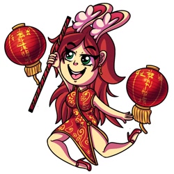 Size: 1024x1024 | Tagged: safe, artist:draconightmarenight, oc, oc only, oc:katilie, human, equestria girls, g4, bunny ears, cel shading, chibi, chinese dress, chinese new year, clothes, dress, ear fluff, lantern, monthly reward, paper lantern, shading, simple background, solo, sticker, white background, year of the rabbit