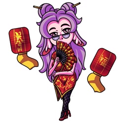 Size: 1024x1024 | Tagged: safe, artist:draconightmarenight, oc, oc only, oc:lilliana, human, equestria girls, g4, bunny ears, cel shading, chibi, chinese dress, chinese new year, clothes, dress, ear fluff, fan, hand fan, lantern, monthly reward, paper lantern, shading, simple background, solo, sticker, white background, year of the rabbit