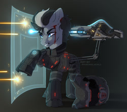 Size: 1280x1130 | Tagged: safe, artist:avroras_world, oc, oc only, earth pony, pony, armor, armored pony, blood, firing, force field, futuristic, gun, helmet, male, shield, solo, stallion, weapon